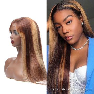 Hot Honey Brown Silky Straight  Lace Frontal Wig 4 27 Ombre Color Highlight Virgin Human Hair 4*4 HD Lace Wig
